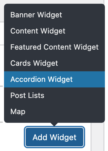 Adding an accordion widget to a page in the Widget Template Page using the Add Widget button.