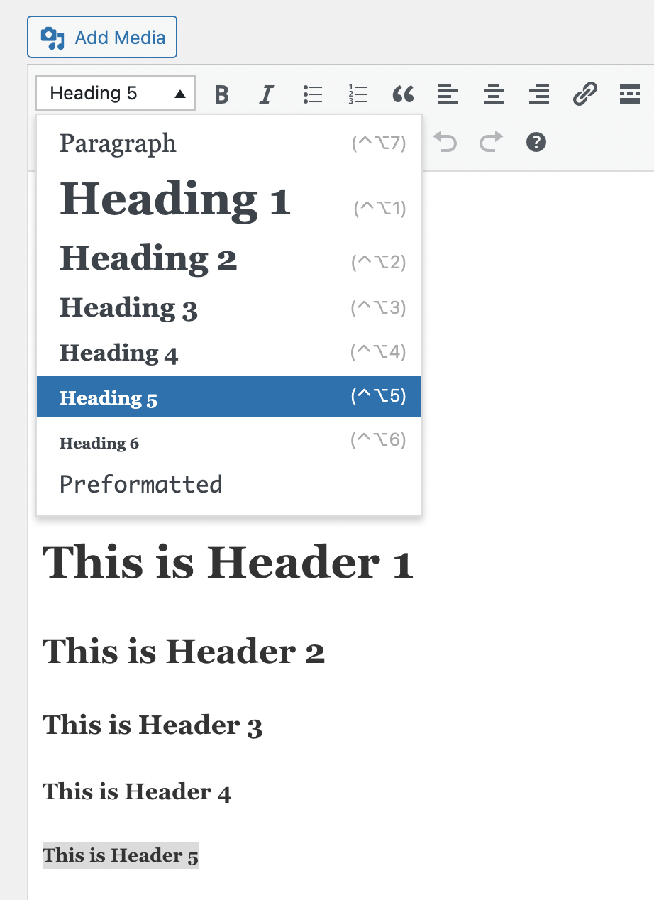 Styling headers text using the WordPress editor's drop-down menu.