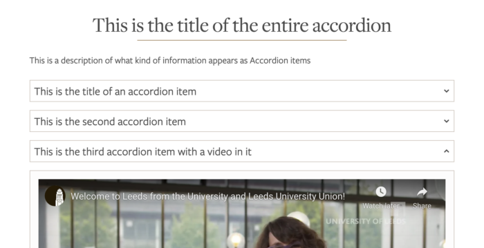 A finished accordion displayed on a page with the third item, a video, expanded.