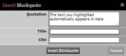 The Jadu Blockquote dialog box has a box for the quotation, a box for a title of the blockquote, and a box for the citation of the quote's author