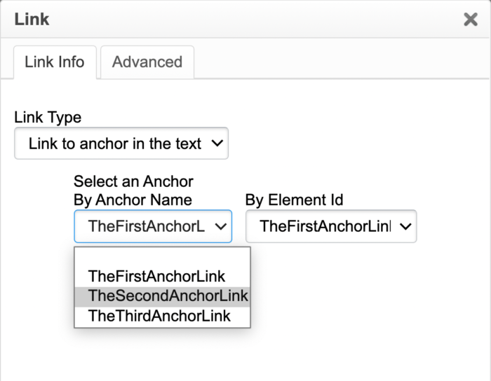 Setting the text to navigate to your Anchor link; a drop-down displays the available links.