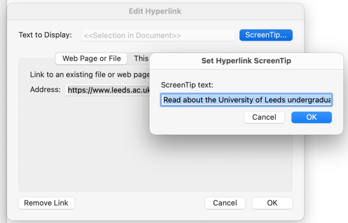Adding a tool-tip (Microsoft calls it a ScreenTip) to a link in Microsoft Word.