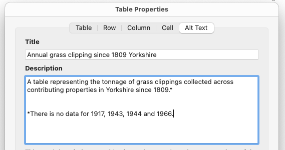 Adding alternative text (alt text) to describe a table and make it accessible to screen reading technologies.