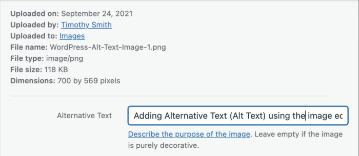 Adding alt-text to a WordPress image in the image library.