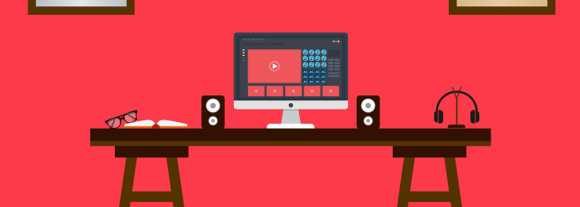 Illustration of a desk with computer, speakers, headphones and pair of glasses